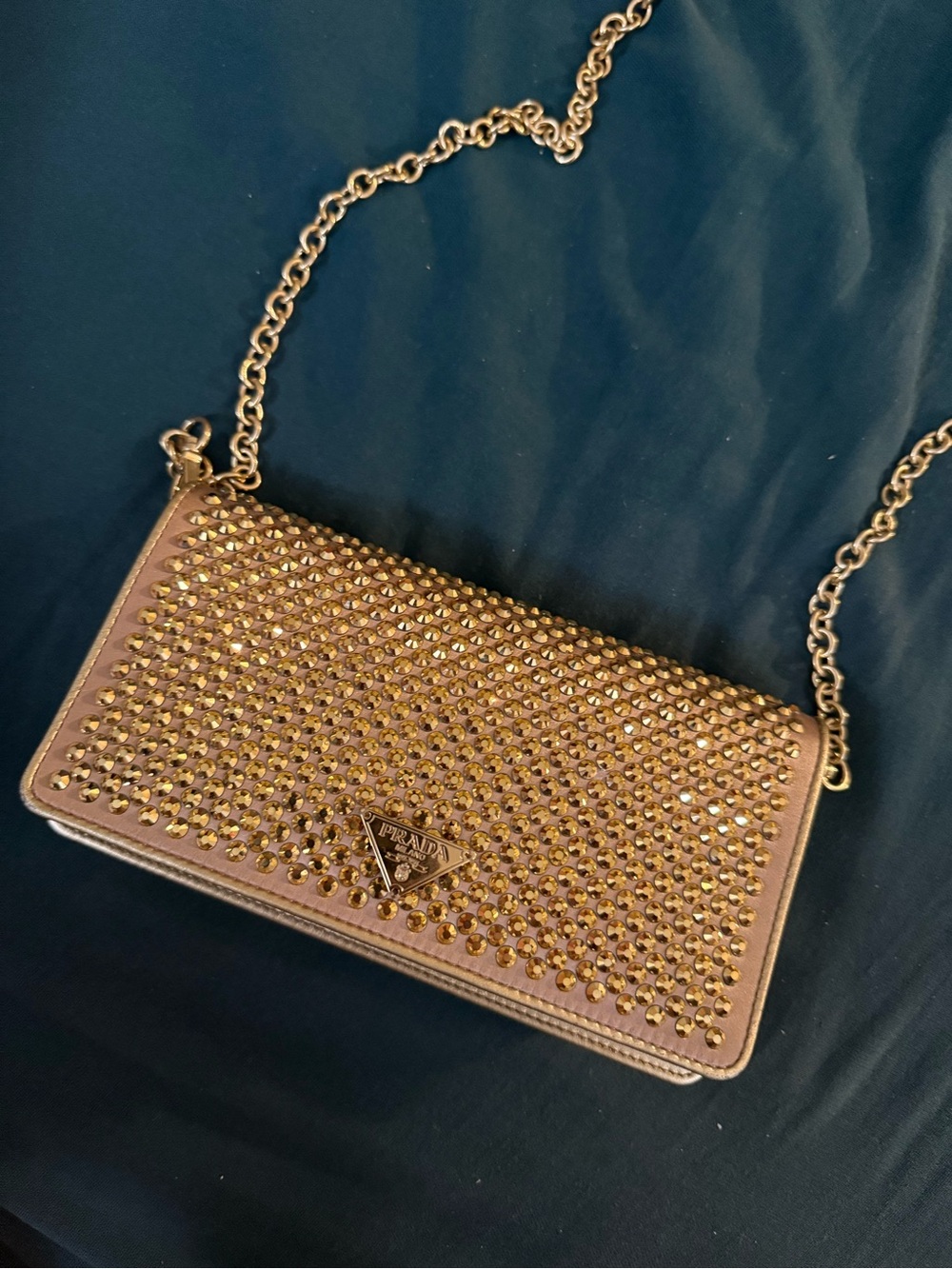 Prada Studded Chain Crossbody Bag in Metallic Gold